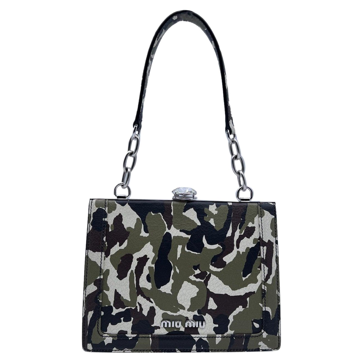 Miu Miu Military Green Camouflage Leather Handbag with Crystal