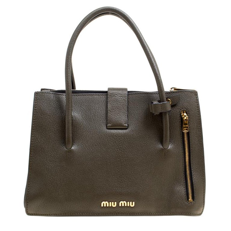 Miu Miu Military Green Madras Leather Top Handle Bag For Sale at