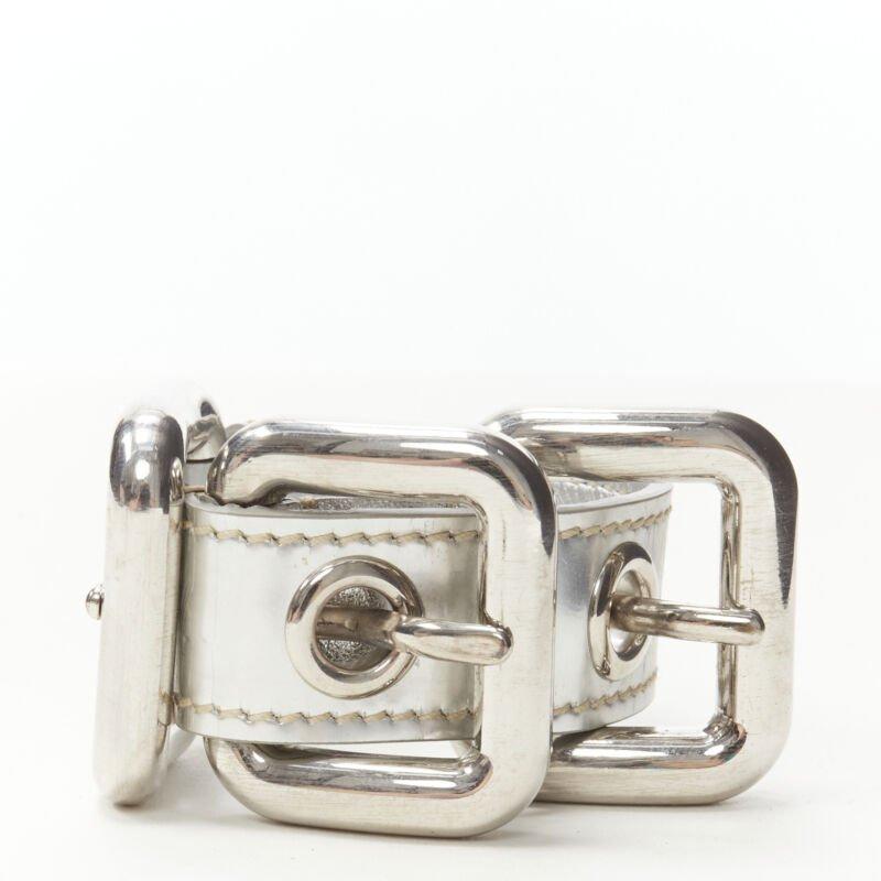 MIU MIU mirrored silver leather XL buckle punk cuff bracelet In Good Condition For Sale In Hong Kong, NT