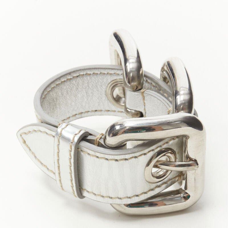 Women's MIU MIU mirrored silver leather XL buckle punk cuff bracelet For Sale