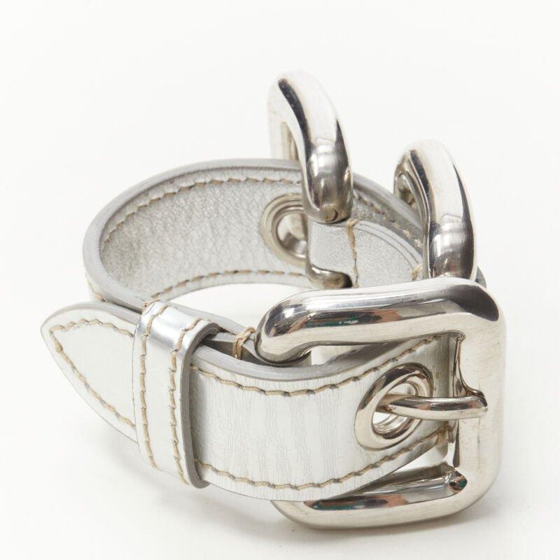 Women's MIU MIU mirrored silver leather XL buckle punk cuff bracelet