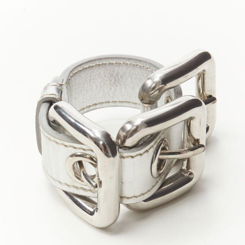 MIU MIU mirrored silver leather XL buckle punk cuff bracelet For Sale 1