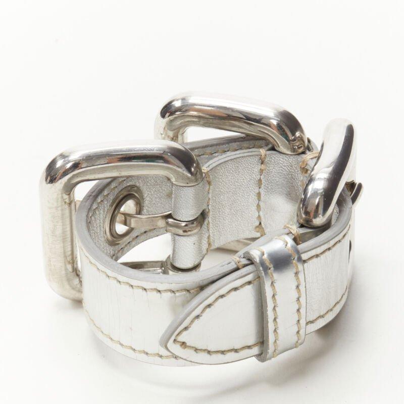 MIU MIU mirrored silver leather XL buckle punk cuff bracelet For Sale 2