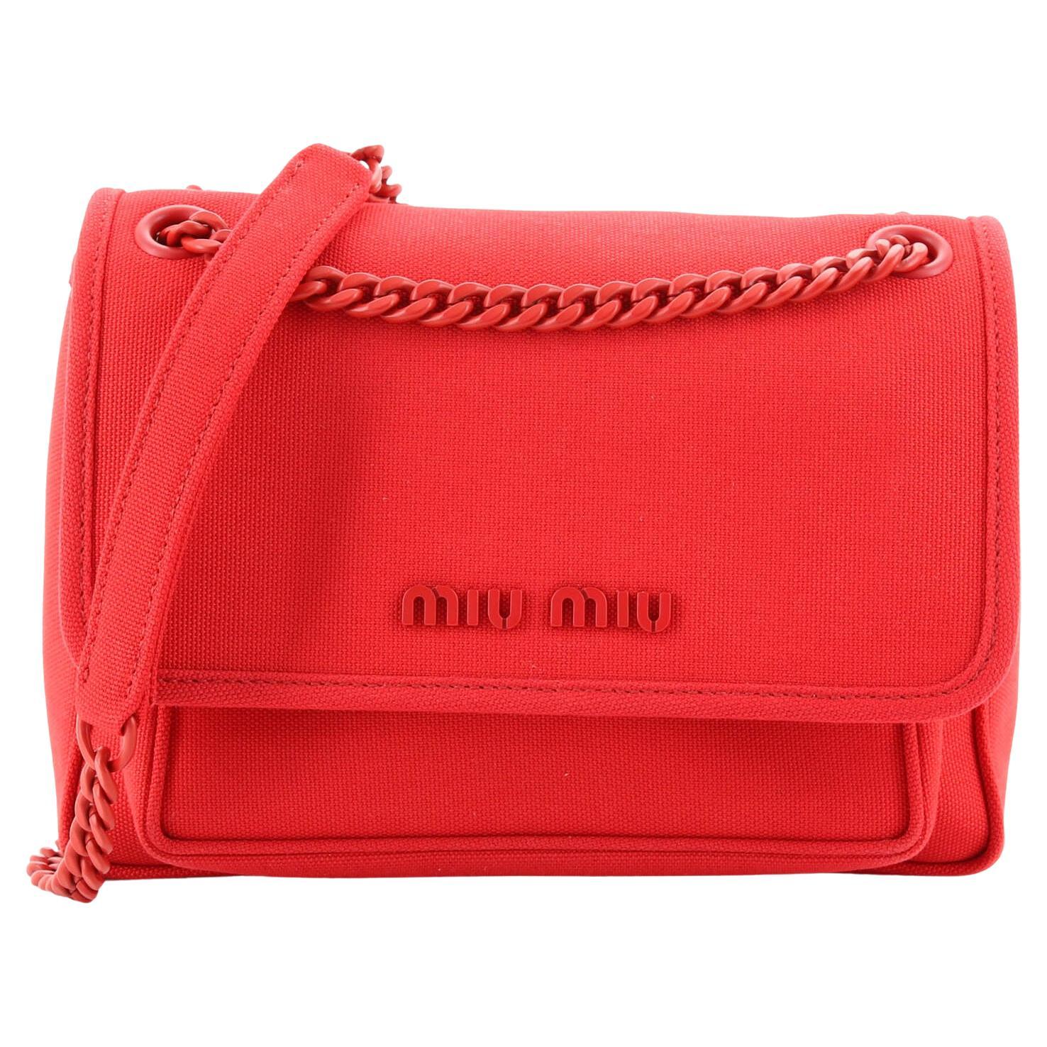 The above Equip Waste Miu Miu Monochrome Chain Flap Bag Canvas Small For Sale at 1stDibs