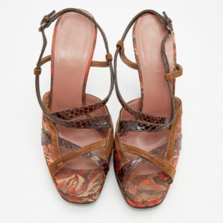 Miu Miu Sandalias con tiras de brocado multicolor y pitón tamaño 39.5 Marrón en venta