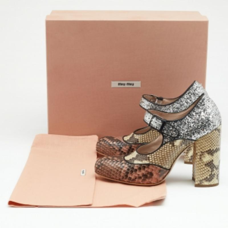 Brown Miu Miu Multicolor Glitter and Python Mary Jane Block Heel Pumps Size 35 For Sale