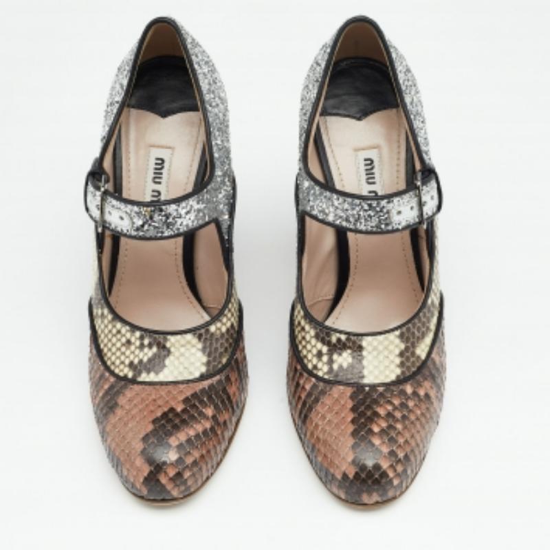 Women's Miu Miu Multicolor Glitter and Python Mary Jane Block Heel Pumps Size 35 For Sale