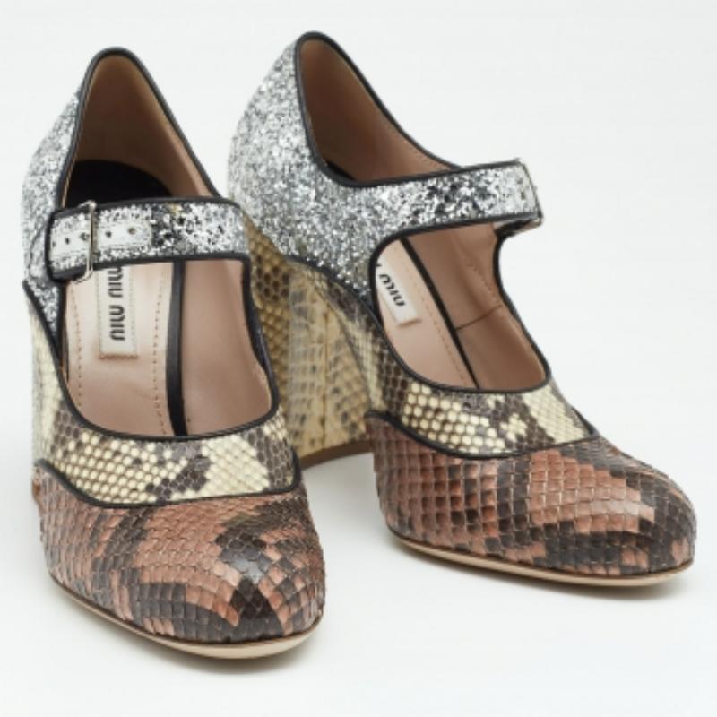 Miu Miu Multicolor Glitter and Python Mary Jane Block Heel Pumps Size 35 For Sale 1