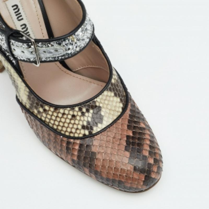 Miu Miu Multicolor Glitter and Python Mary Jane Block Heel Pumps Size 35 For Sale 2
