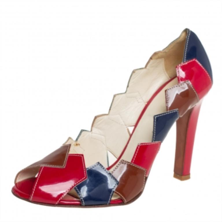 Miu Multicolor Lackleder Patchwork Peep Toe Pumps Größe 36,5 (Braun) im Angebot