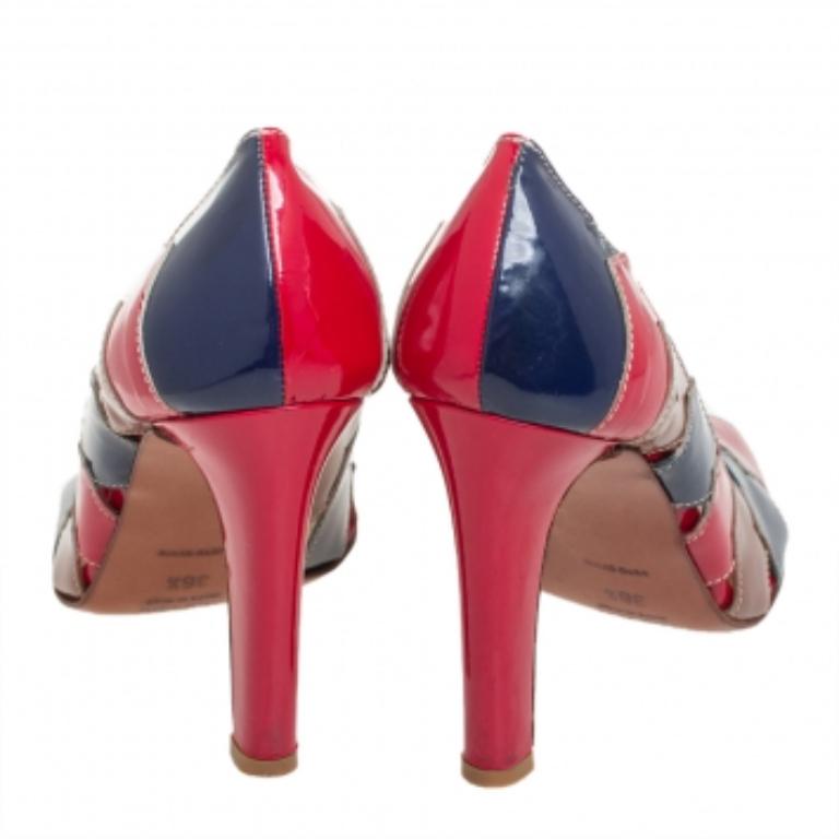 Miu Multicolor Lackleder Patchwork Peep Toe Pumps Größe 36,5 im Angebot 1