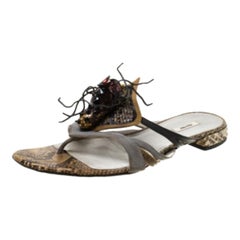 Miu Miu Multicolor Python Leather Suede Spider Embellished Flat Sandals Size 37