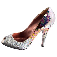 Miu Miu Multicolor Sequins Embellished Fabric Peep-Toe Pumps Size 40