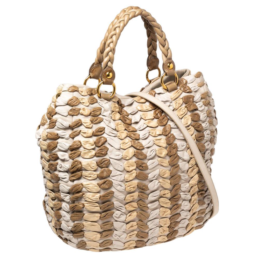 Beige Miu Miu Multicolor Woven Leather Tote