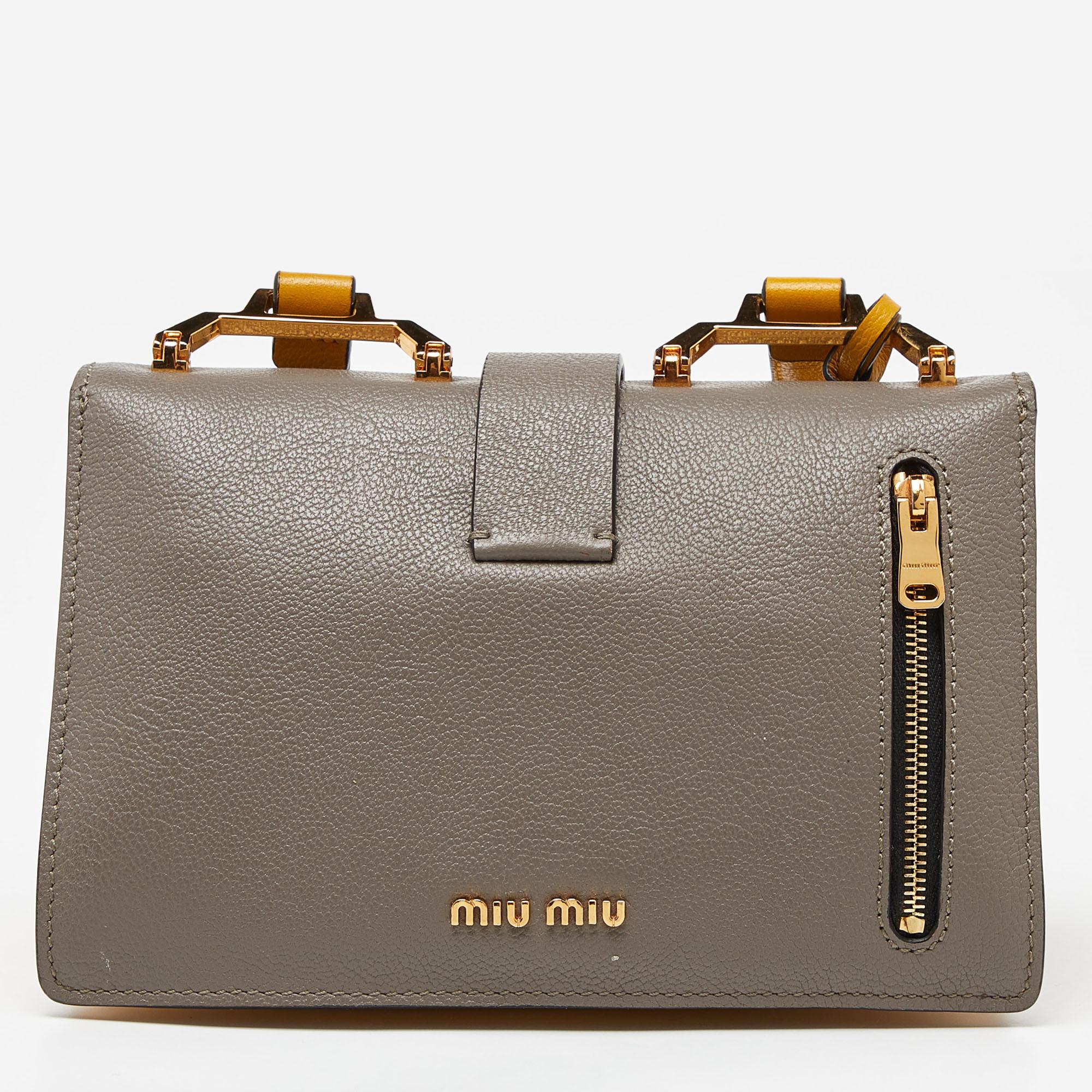 Miu Miu Mustard/Grey Madras Leather Bandoliera Crossbody Bag For Sale 1