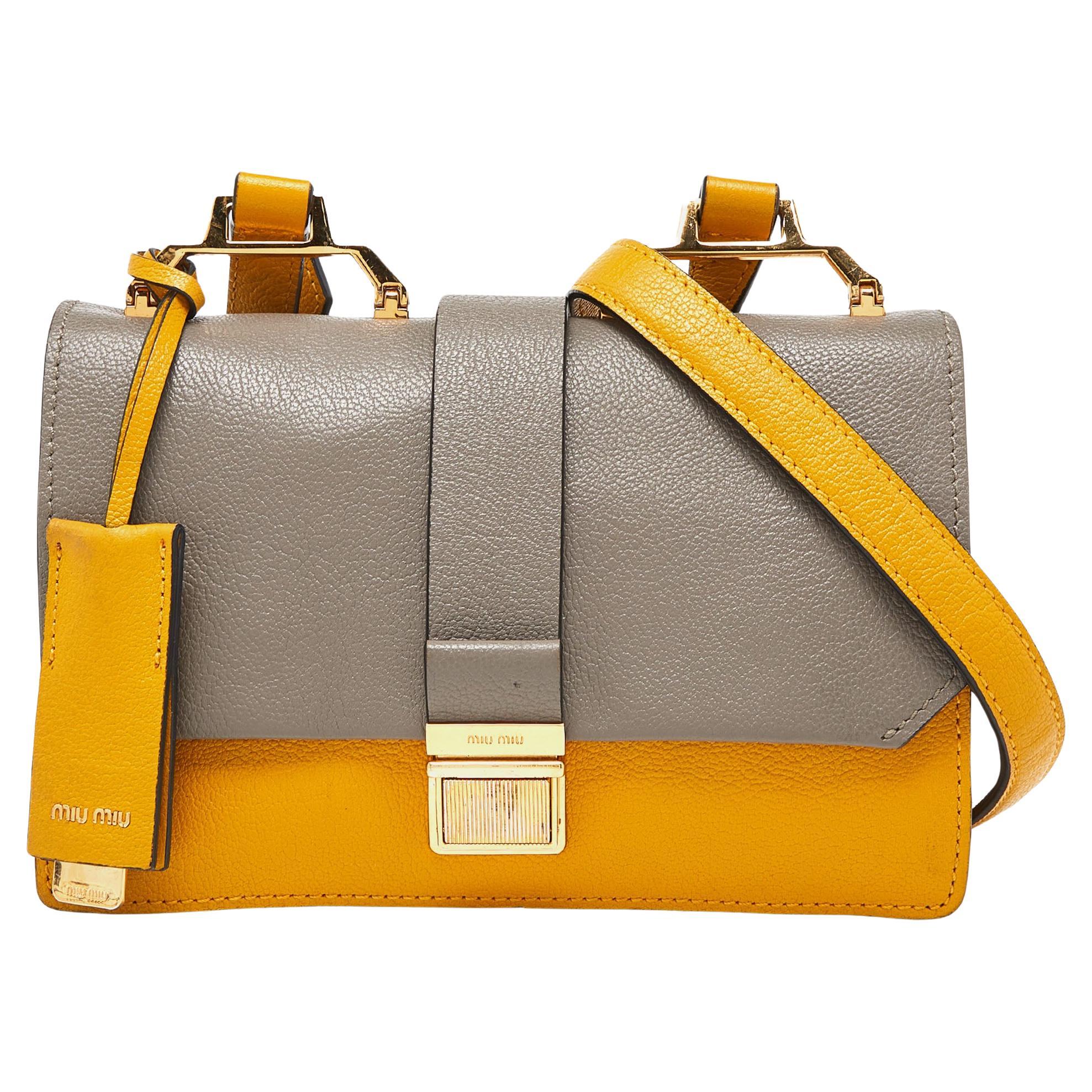 Miu Miu Mustard/Grey Madras Leather Bandoliera Crossbody Bag For Sale