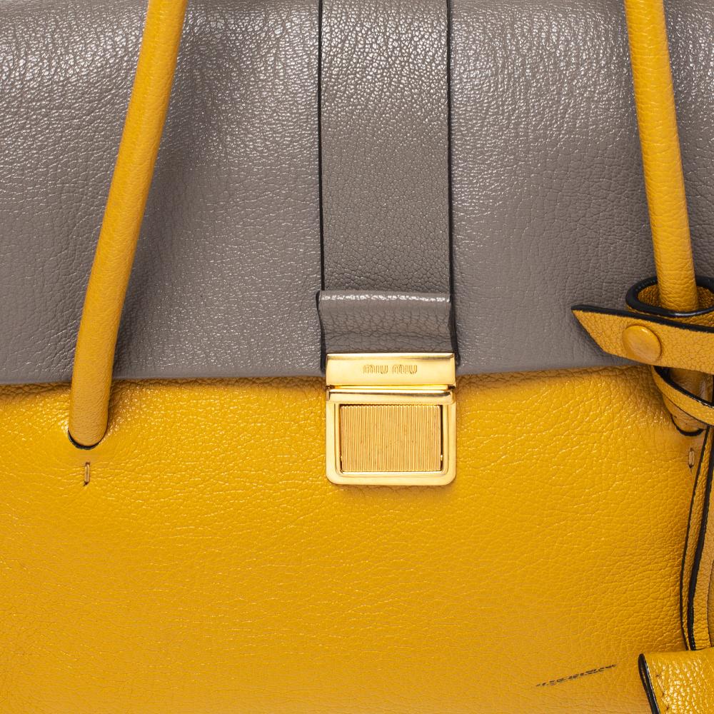 Miu Miu Senf/Grau Madras Leder Push Lock Top Handle Tasche 5