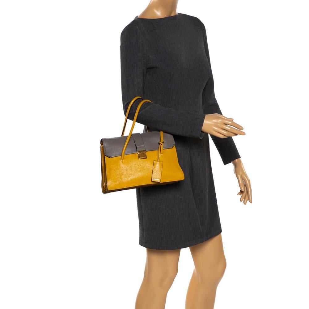 Miu Miu Senf/Grau Madras Leder Push Lock Top Handle Tasche (Braun)