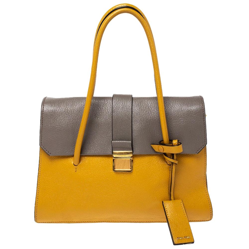 Miu Miu Senf/Grau Madras Leder Push Lock Top Handle Tasche
