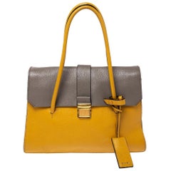 Miu Miu Mustard/Grey Madras Leather Push Lock Top Handle Bag