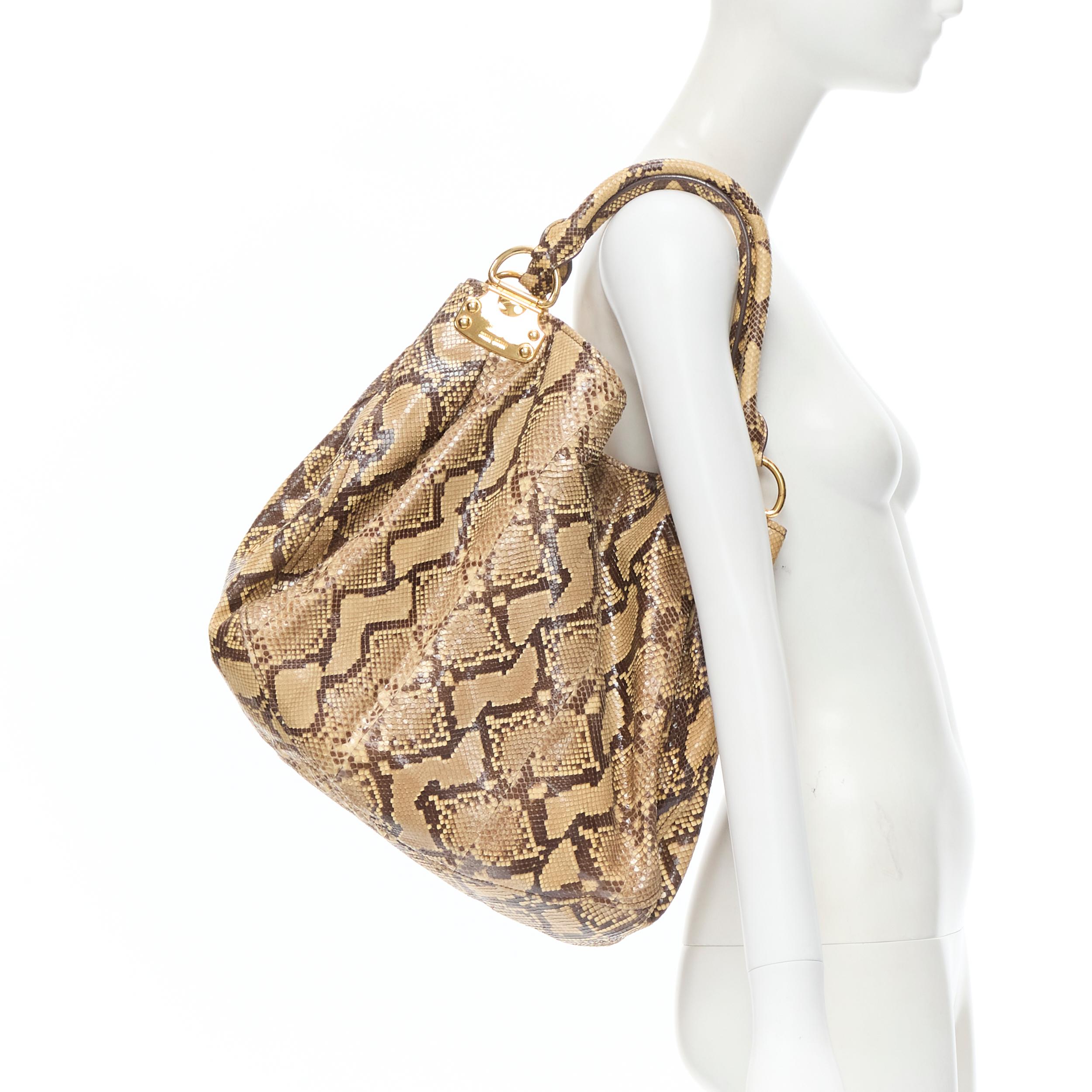 MIU MIU natural scaled genuine python leather gold hardware shoulder hobo bag 
Reference: CELG/A00016 
Brand: Miu Miu 
Model: Shoulder hobo 
Material: Python 
Color: Yellow 
Pattern: Snakeskin 
Closure: Button 
Extra Detail: Gold hardware. Zipped