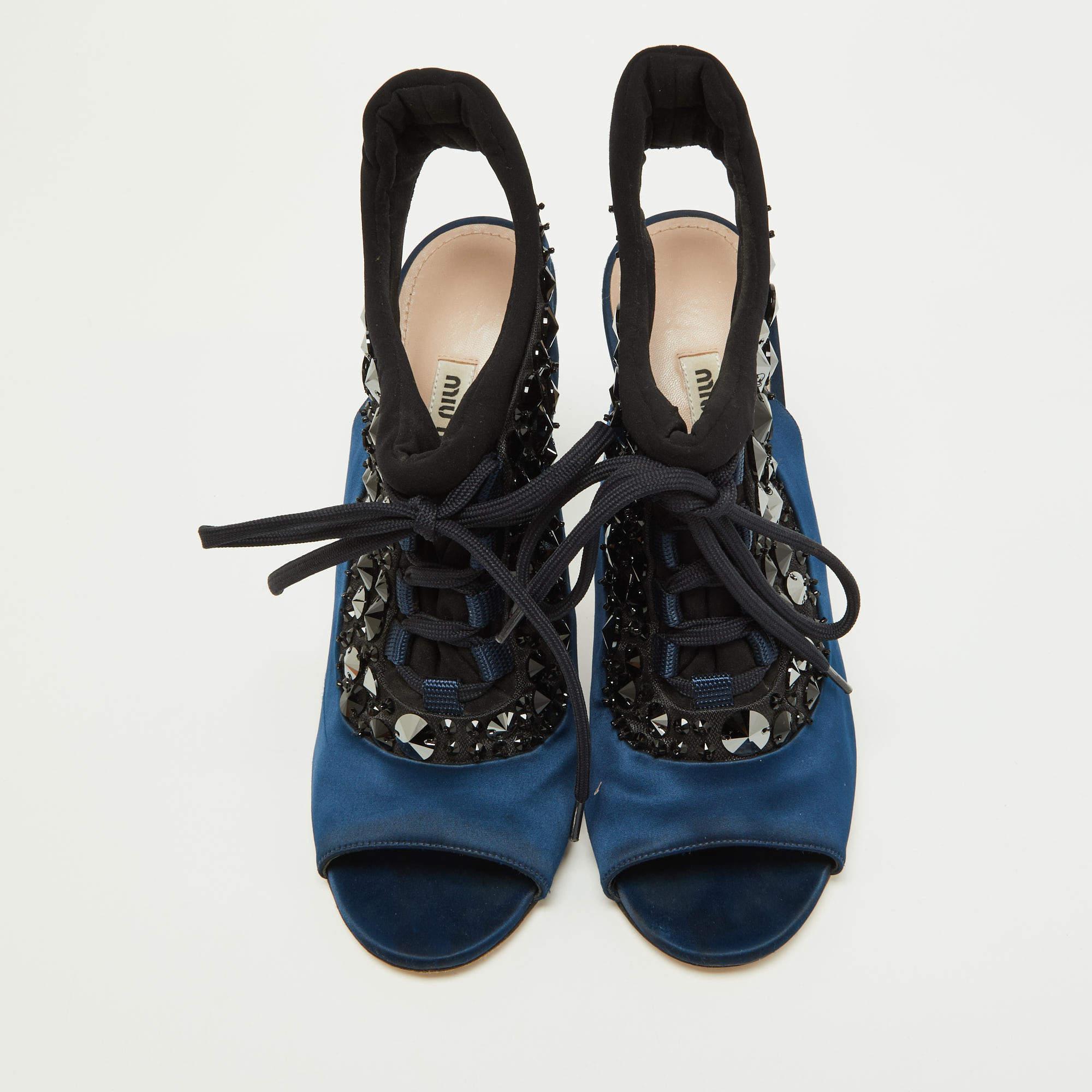 Miu Miu Navy Blue/Black Satin and Fabric Embellished Cutout Booties Size 39 In Good Condition In Dubai, Al Qouz 2