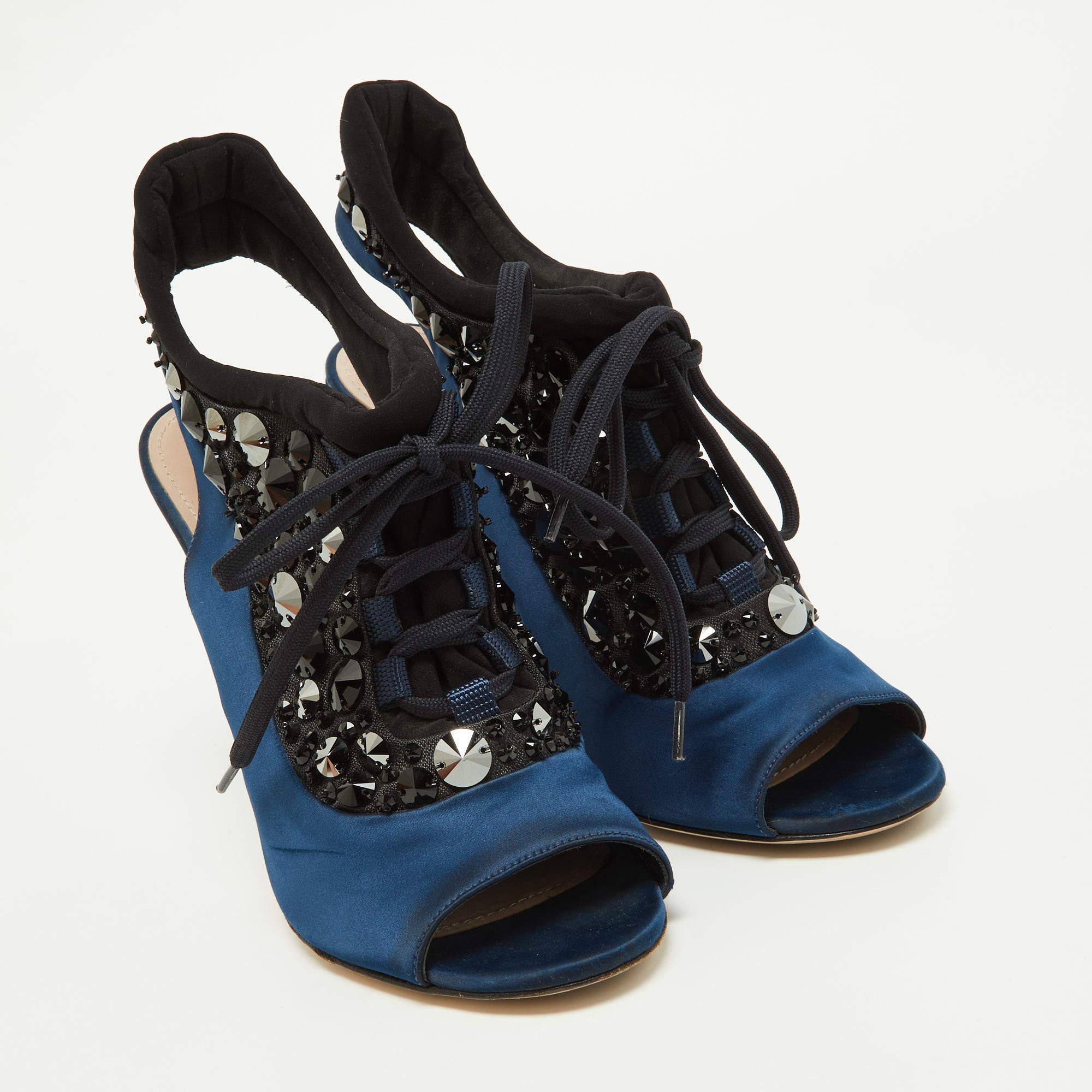 Women's Miu Miu Navy Blue/Black Satin and Fabric Embellished Cutout Booties Size 39