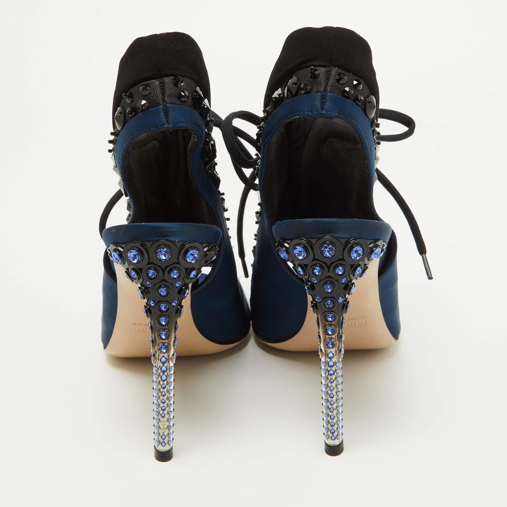 Miu Miu Navy Blue/Black Satin and Fabric Embellished Cutout Booties Size 39 1