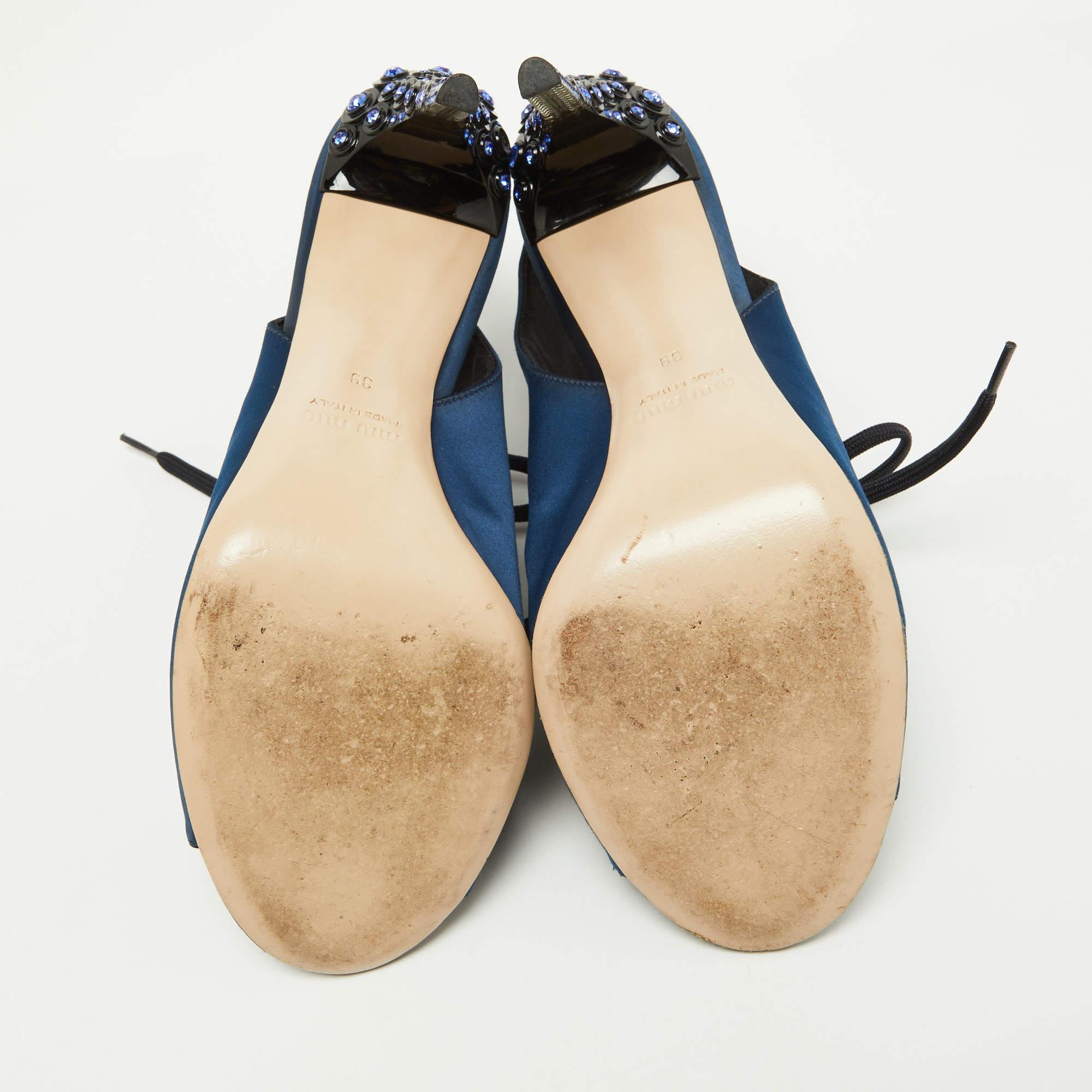 Miu Miu Navy Blue/Black Satin and Fabric Embellished Cutout Booties Size 39 2