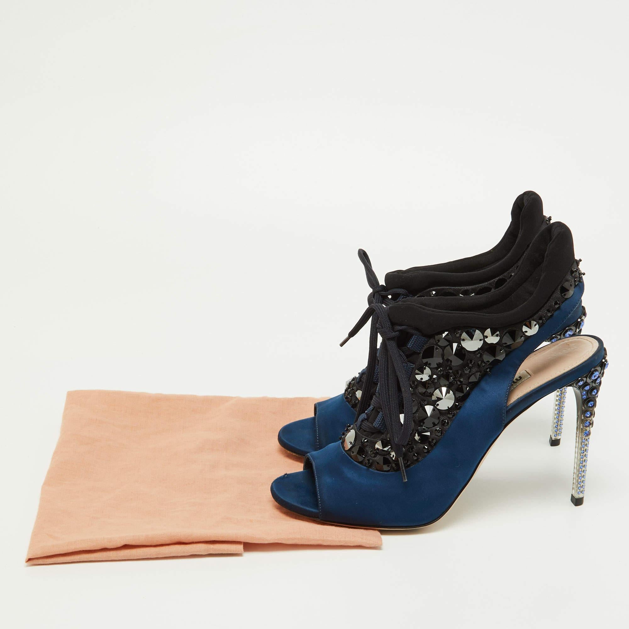 Miu Miu Navy Blue/Black Satin and Fabric Embellished Cutout Booties Size 39 5