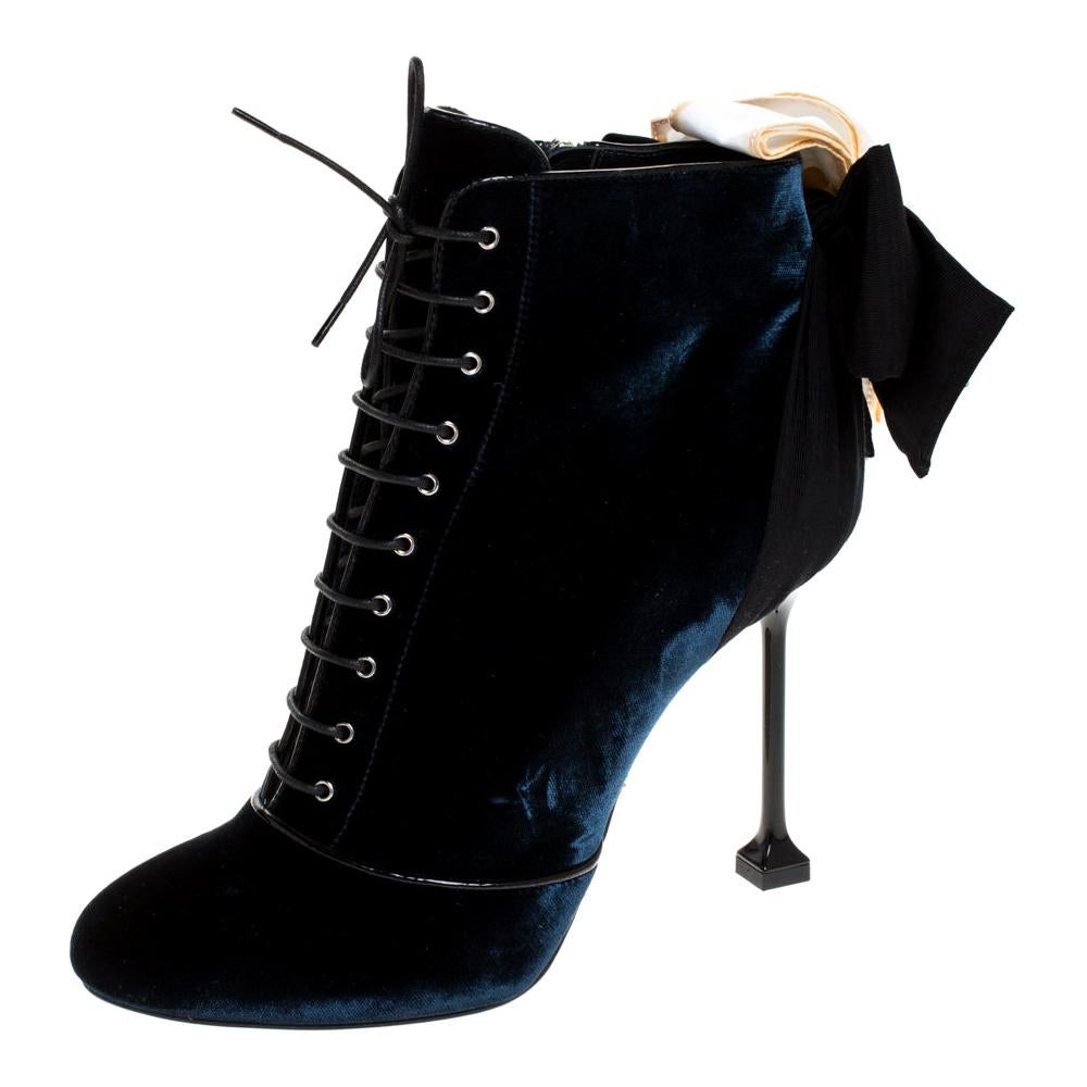 Miu Miu Navy Blue/Black Velvet and Fabric Bow Heel Ankle Boots Size 38