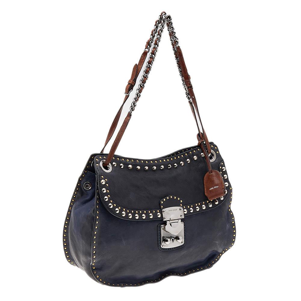 Women's Miu Miu Navy Blue/Brown Leather Studded Chain Shoulder Bag