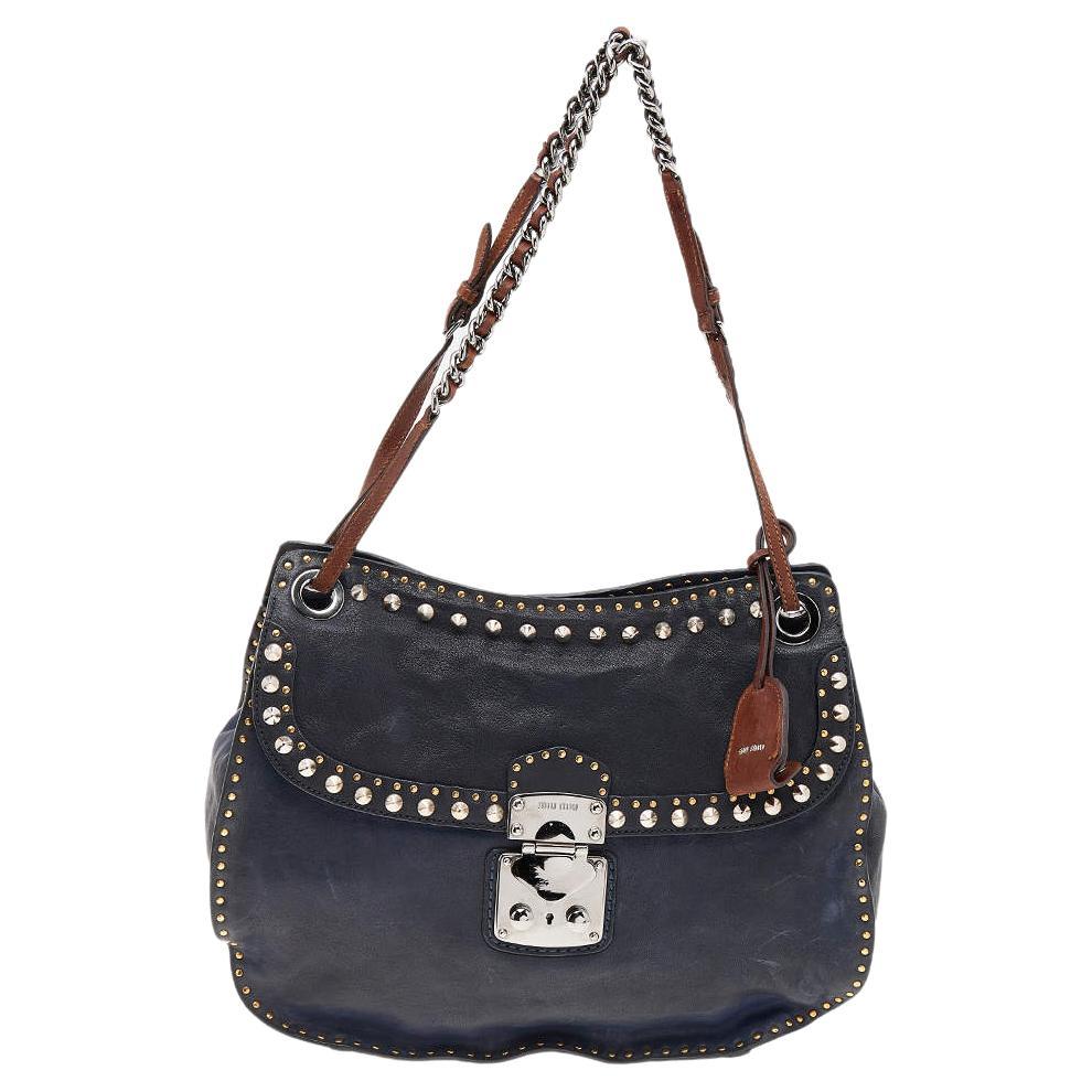 Miu Miu Navy Blue/Brown Leather Studded Chain Shoulder Bag