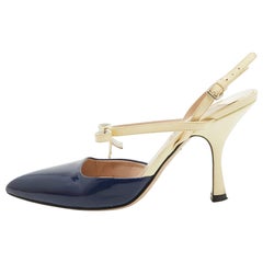 Miu Miu Navy Blue/Cream Patent Leather Bow Slingback Pumps Size 39