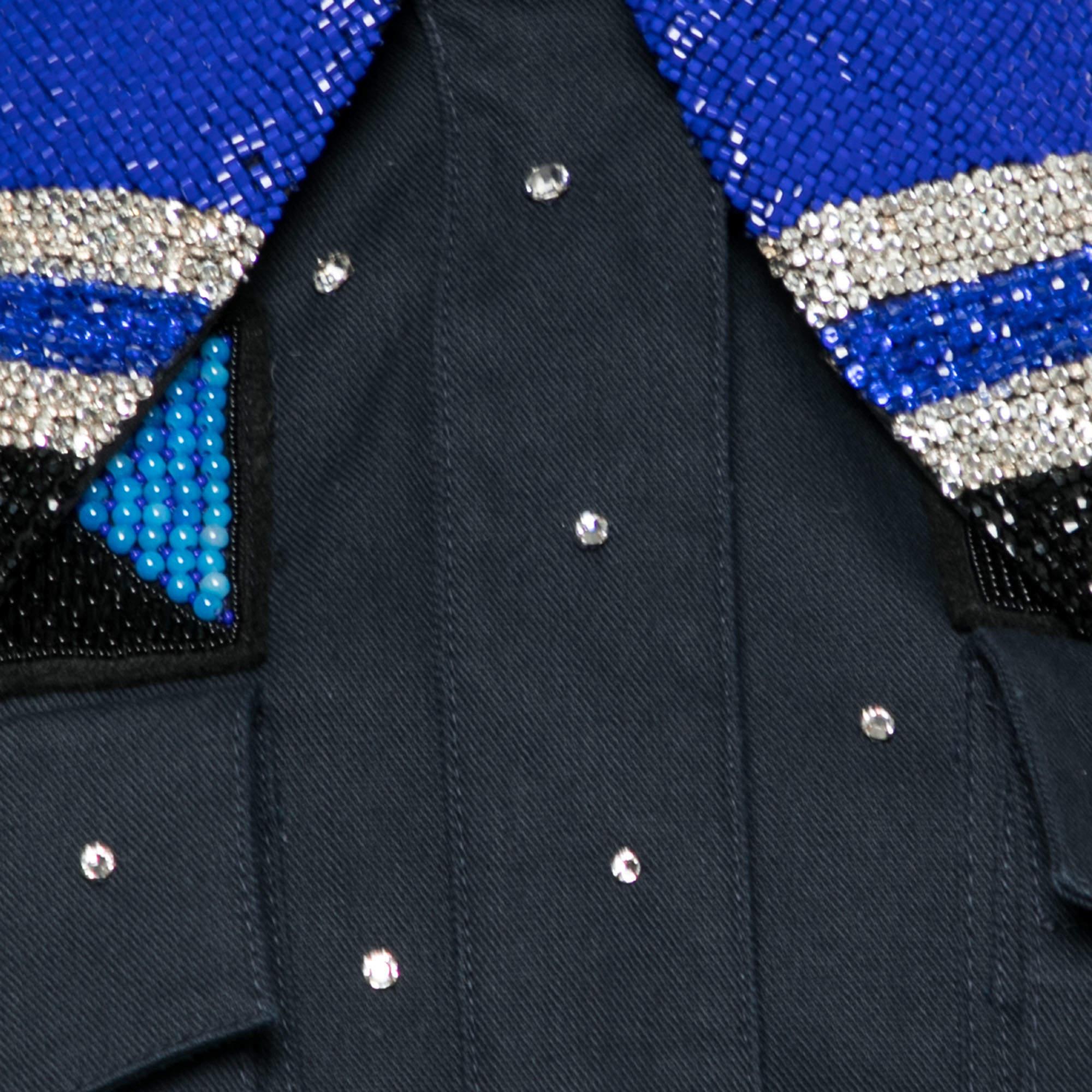 Black Miu Miu Navy Blue Embellished Cotton Bead Embroidered Halter Neck Jumpsuit S For Sale