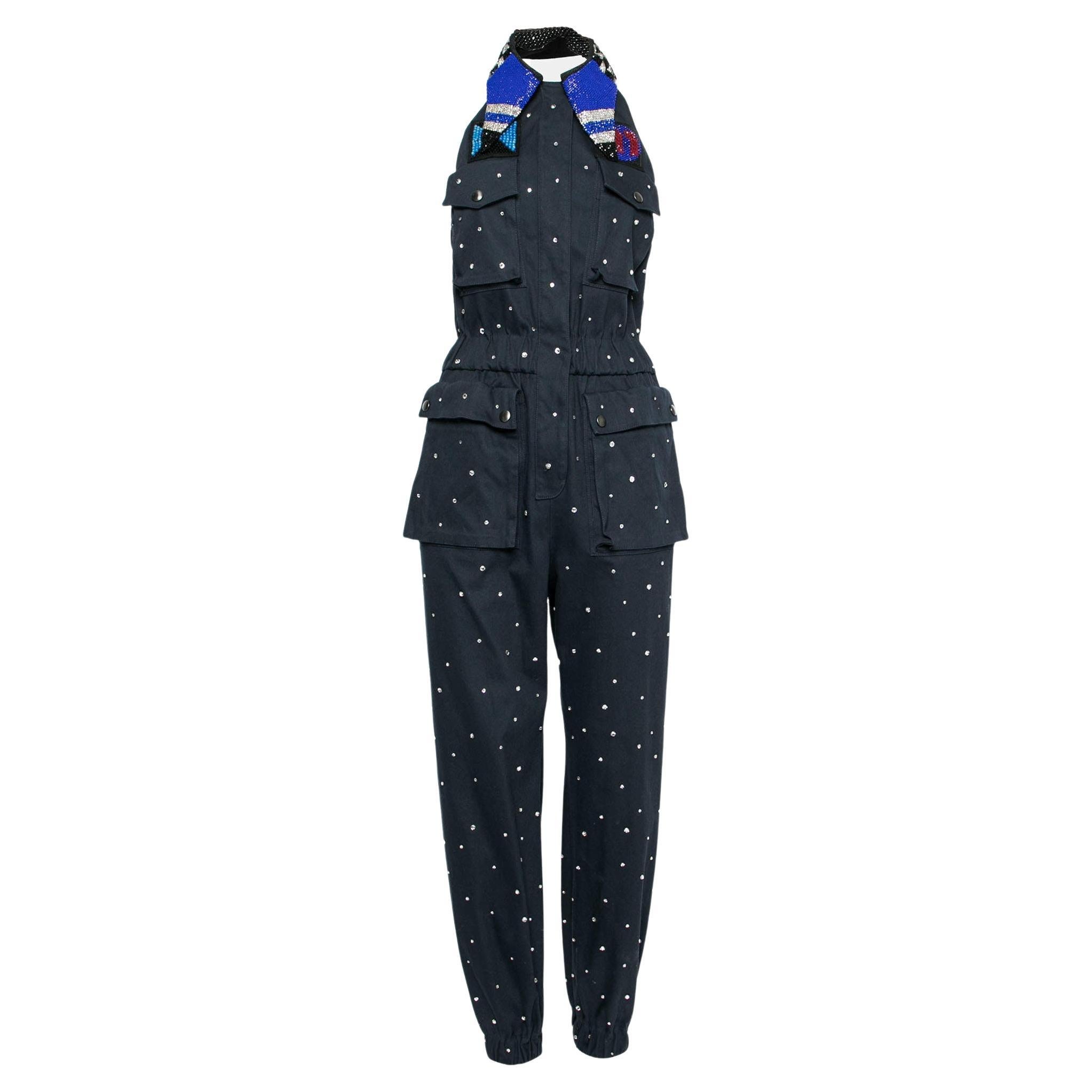 Miu Miu Navy Blue Embellished Cotton Bead Embroidered Halter Neck Jumpsuit S For Sale