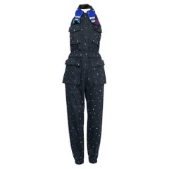Miu Miu Navy Blue Embellished Cotton Bead Embroidered Halter Neck Jumpsuit S