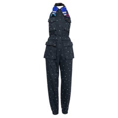 Miu Miu Marineblau verschönert Baumwolle Perlen bestickt Halter Hals Jumpsuit S