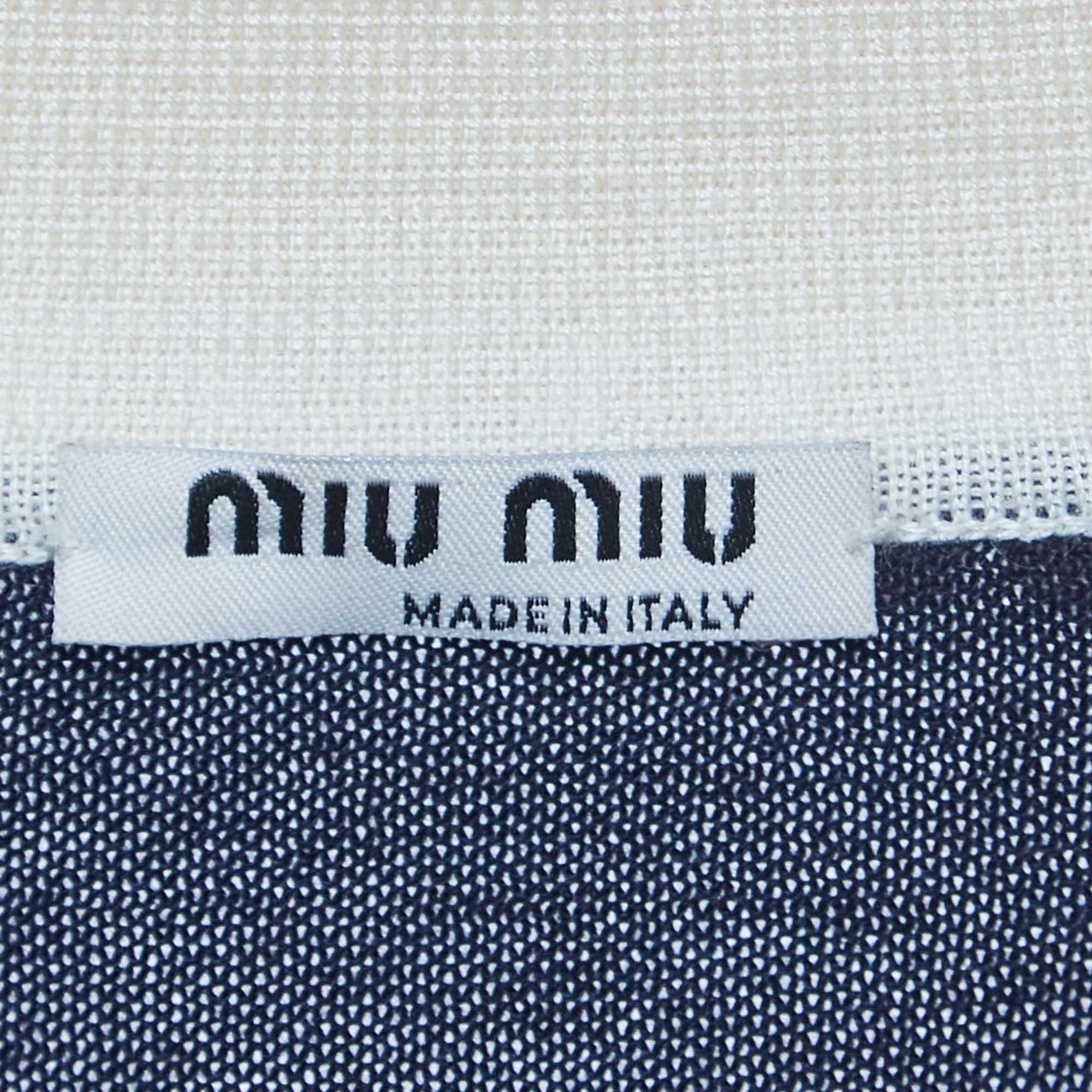 Black Miu Miu Navy Blue Eyelet Knit Cashmere Embellished Collar Cardigan S For Sale