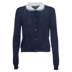 Miu Miu Navy Blue Eyelet Knit Cashmere Embellished Collar Cardigan S