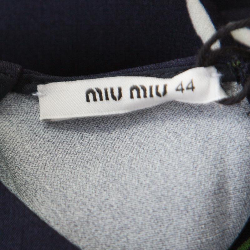 Women's Miu Miu Navy Blue Floral Printed Ruched Waist Detail Long Sleeve Dress M