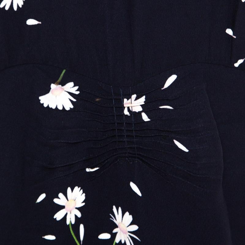 Miu Miu Navy Blue Floral Printed Ruched Waist Detail Long Sleeve Dress M 1