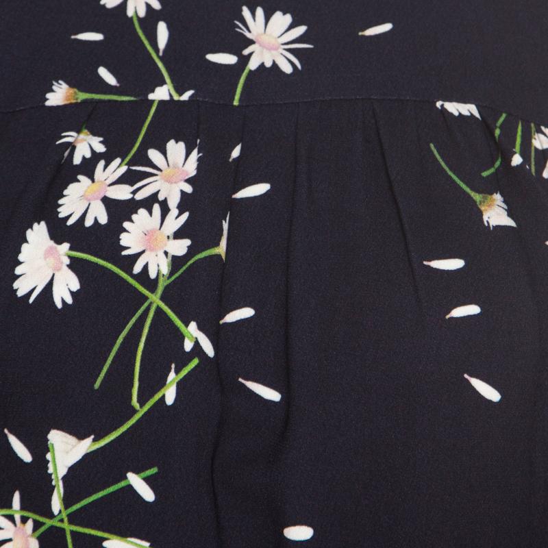 Black Miu Miu Navy Blue Floral Printed Ruched Waist Detail Long Sleeve Dress M