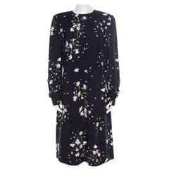 Miu Miu Navy Blue Floral Printed Ruched Waist Detail Long Sleeve Dress M
