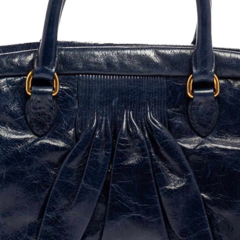 Miu Miu Navy Blue Glazed Pleated Leather Zip Satchel 7