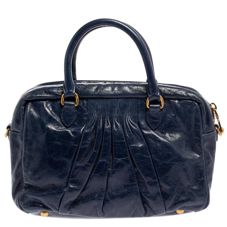 Miu Miu Navy Blue Glazed Pleated Leather Zip Satchel For Sale at 1stDibs
