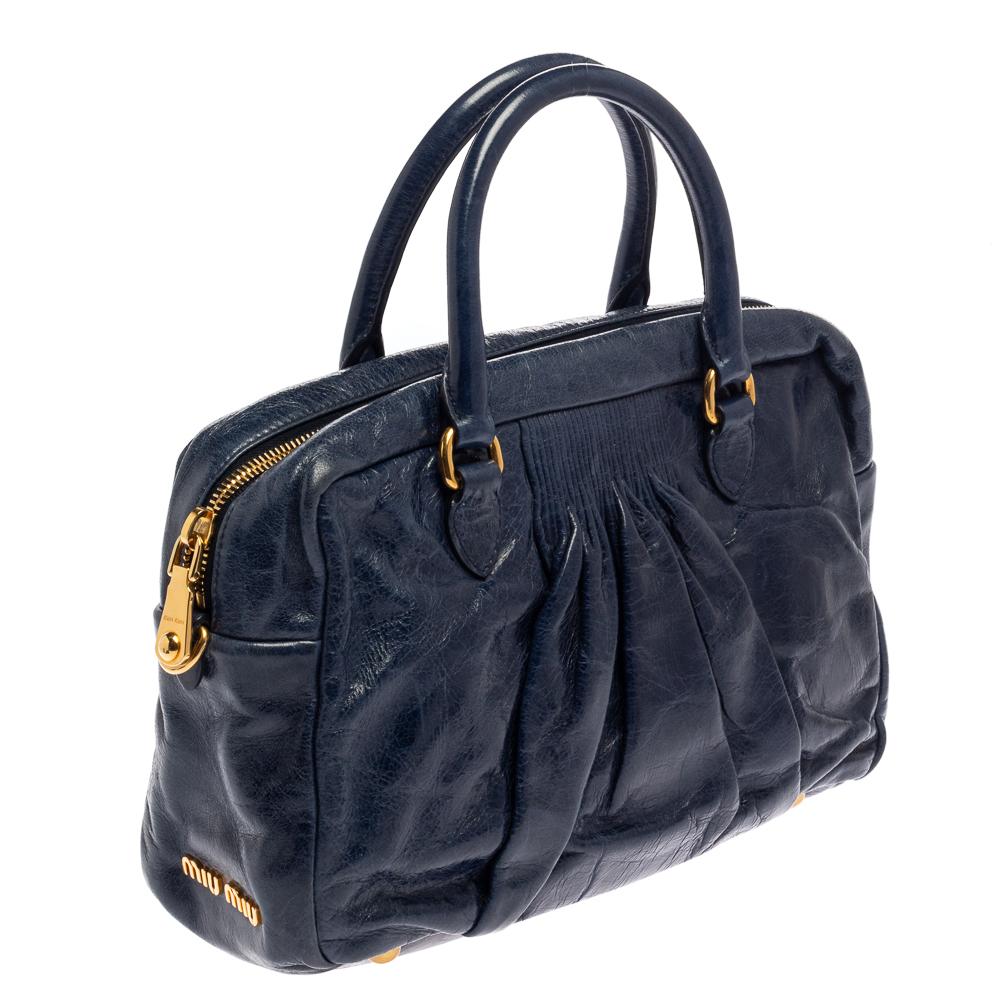 Miu Miu Navy Blue Glazed Pleated Leather Zip Satchel 1