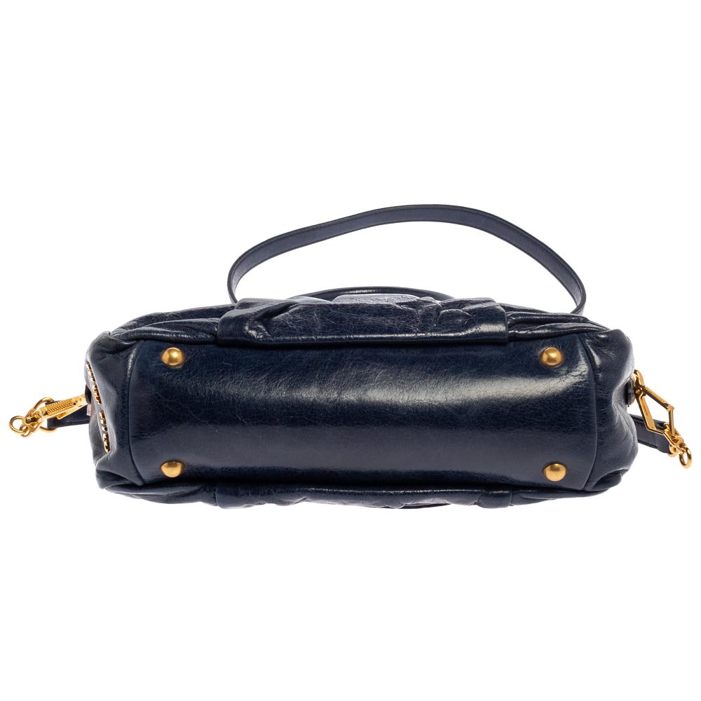 Miu Miu Navy Blue Glazed Pleated Leather Zip Satchel 2