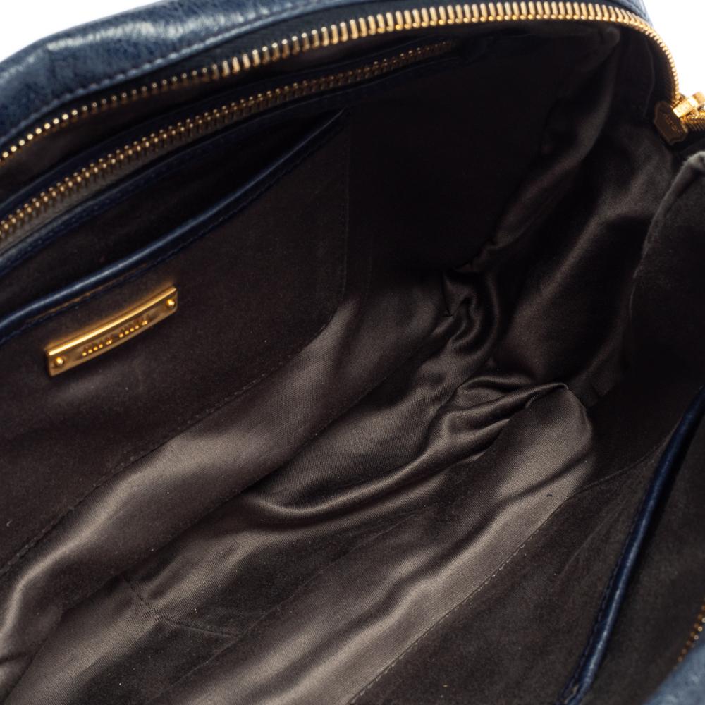 Miu Miu Navy Blue Glazed Pleated Leather Zip Satchel 3