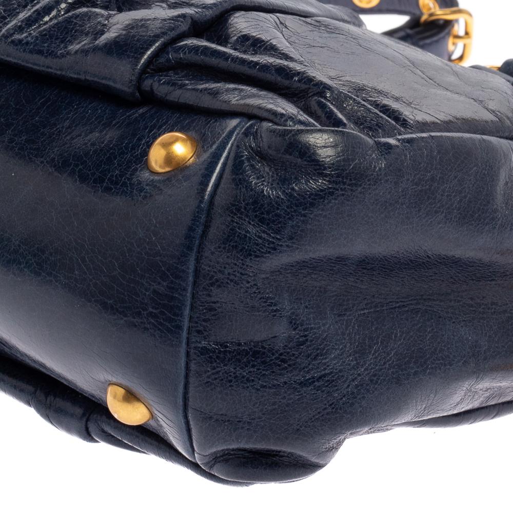 Miu Miu Navy Blue Glazed Pleated Leather Zip Satchel 5